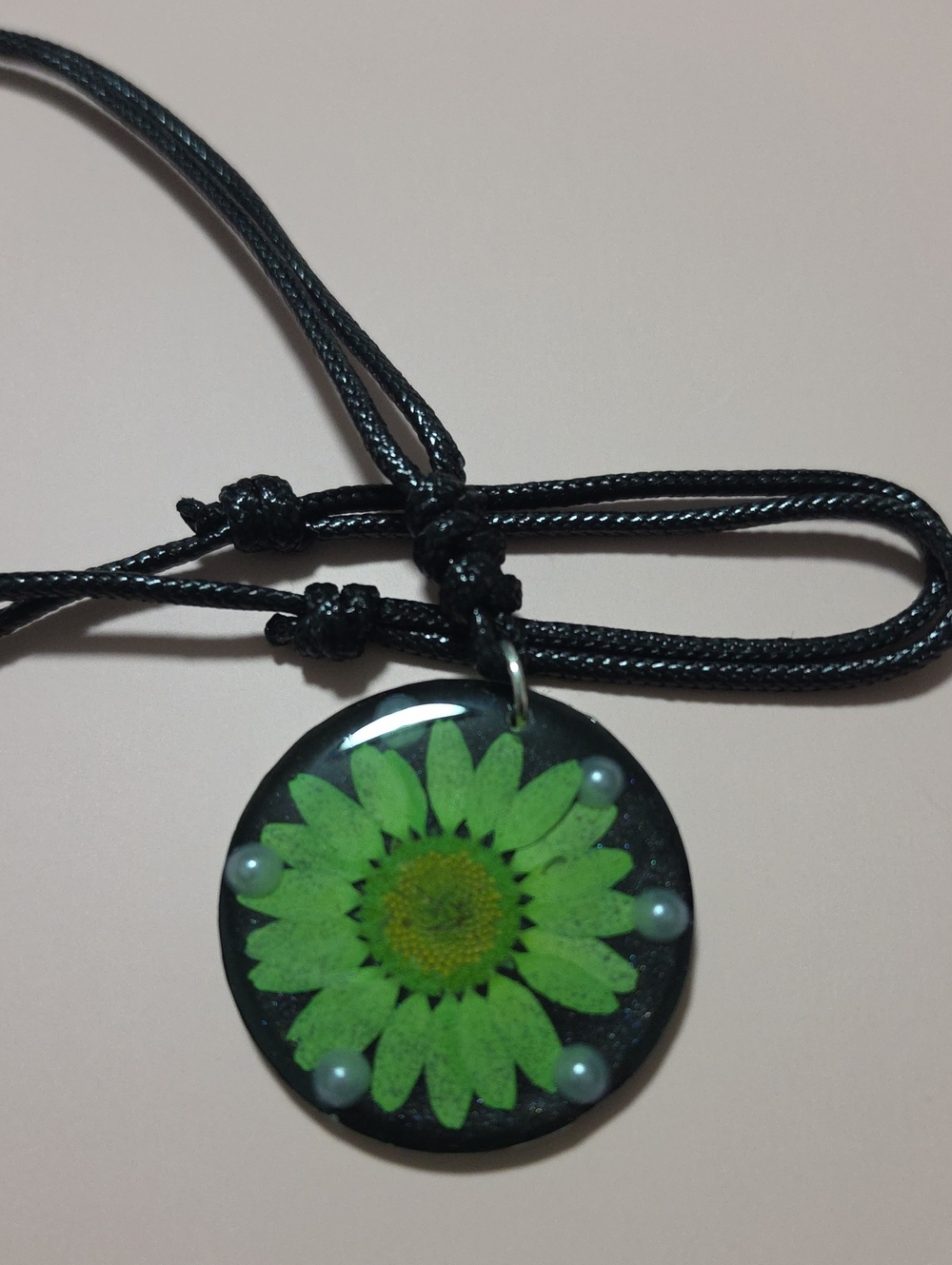 Green Flower Resin Pendant Necklace - Black Cord